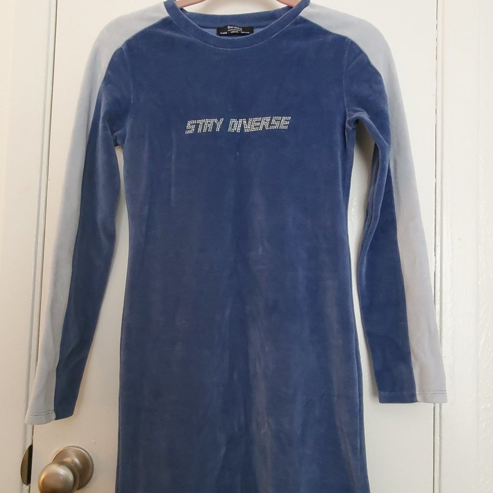 BERSHKA Long Sleeve Mini Dress UK Brand Women Blue Cotton S